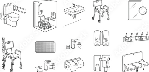 Foto Accessible bathroom equipment vector line icons set featuring handicap shower to