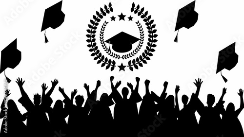 Bild auf Leinwand Graduation crowd silhouette against a white background featuring mortarboards an