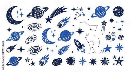 Hand-drawn space elements vector set featuring planets, stars, constellations, and rockets in SVG format with a transparent background.