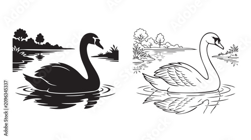 Tableau sur toile black swan silhouette with line art vector gliding on lake black silhouette with