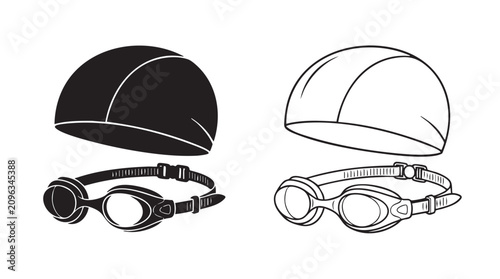 Konstfotografi swimming goggles and cap black silhouette with line art vector