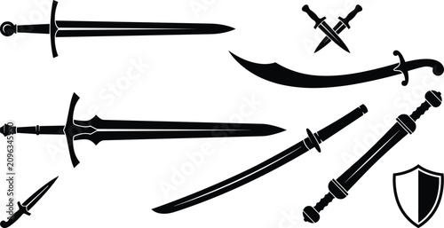 Canvastavla Medieval Sword and Blade Weapon Icon Set with Silhouette Symbols of Katana, Scim