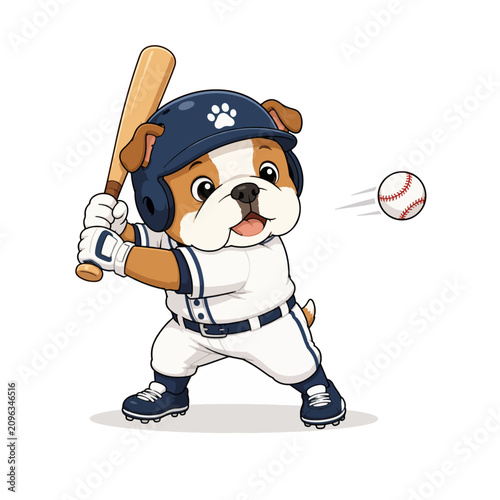 Cute Bulldog Baseball Player Cartoon Character Swinging Bat Illustration