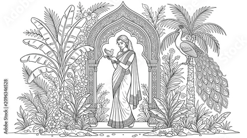 Принти на полотні Indian woman with dove in archway surrounded by peacock and jungle