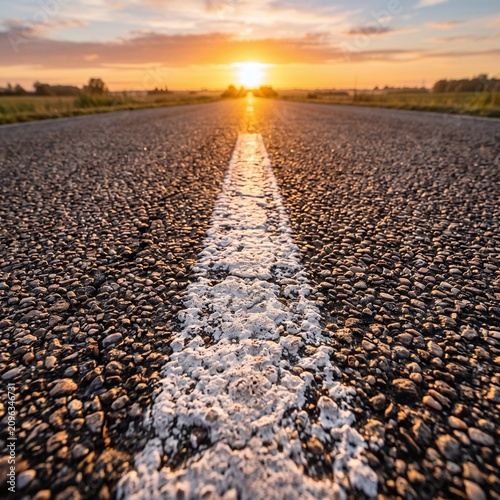 Empty asphalt road with white line extending to horizon at sunset highway