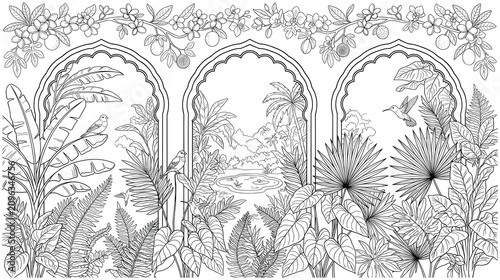 Obraz na plátně Ornate archways reveal lush tropical garden scenes with birds and fruits