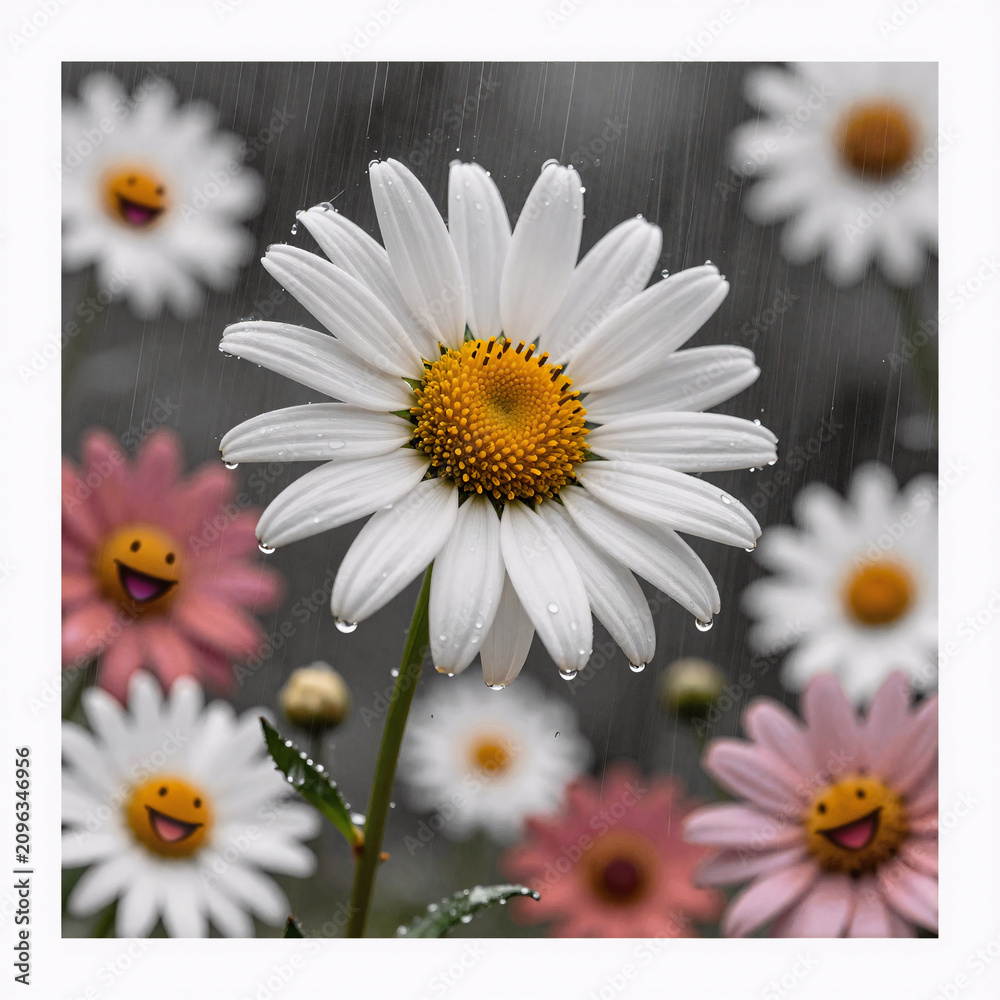 Obraz premium Comic Book Collage Earth. Laughing Daisy Enjoying A Rainstorm In An Isolated Paint Collage With Falling Raindrops On Magazine Background