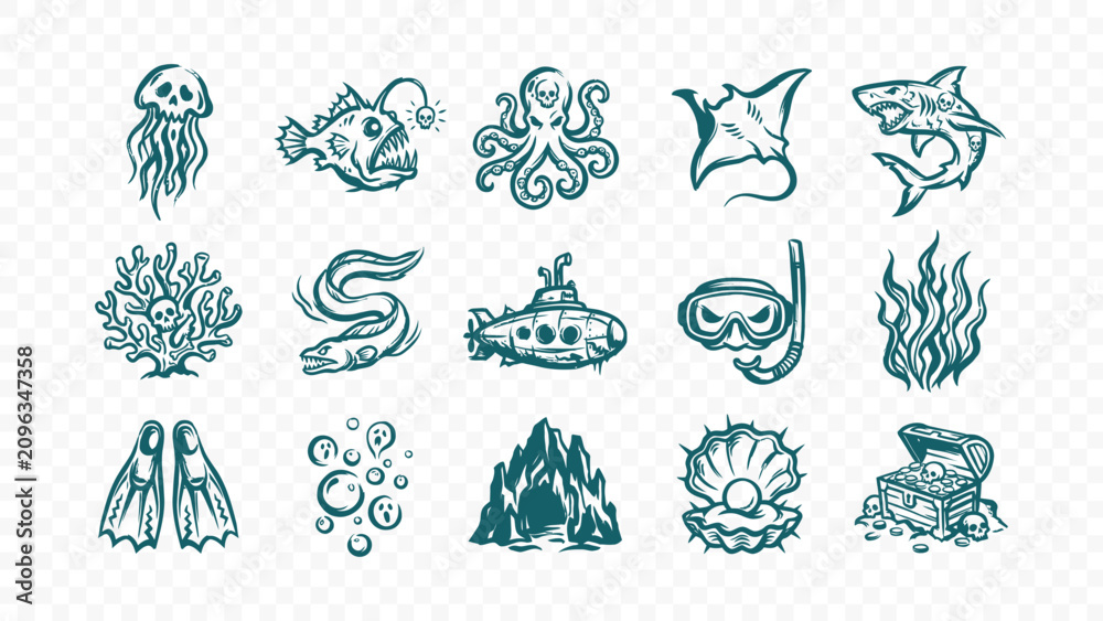 Fototapeta premium deep sea ocean creatures and marine life doodle handmade ink scribble flat line art vector illustration icon bundle set calligraphy drawing design aquatic biology art