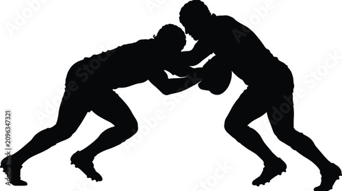 Tableau sur toile Black silhouette of two male rugby players tackling and fighting for ball isolat