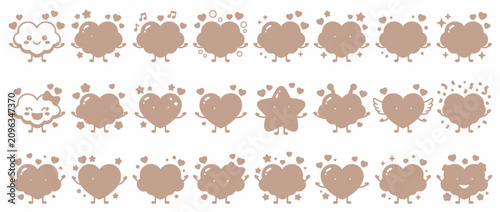 Cute Heart and Cloud Characters Collection, Cartoon Style, Brown Silhouettes