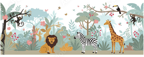 Photography Cute safari animals collection with lion zebra and giraffe in forest scene