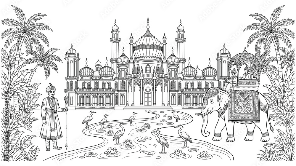 Fototapeta premium Historical Indian palace scene with king on elephant and tropical scenery.
