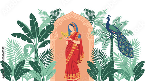 Cuadro en lienzo Indian woman in traditional red sari holding yellow bird in garden