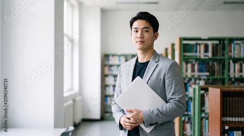 Confident Young Asian Man Holding Laptop Standing in Modern University Library
