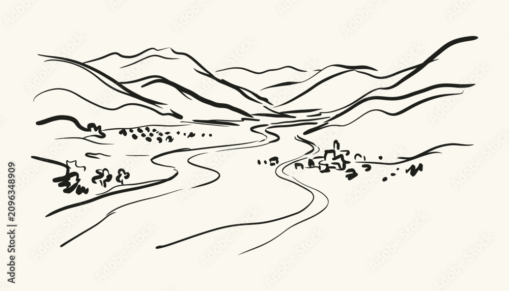 Fototapeta premium Hand drawn sketch of Albanian mountain valley landscape with village and winding road