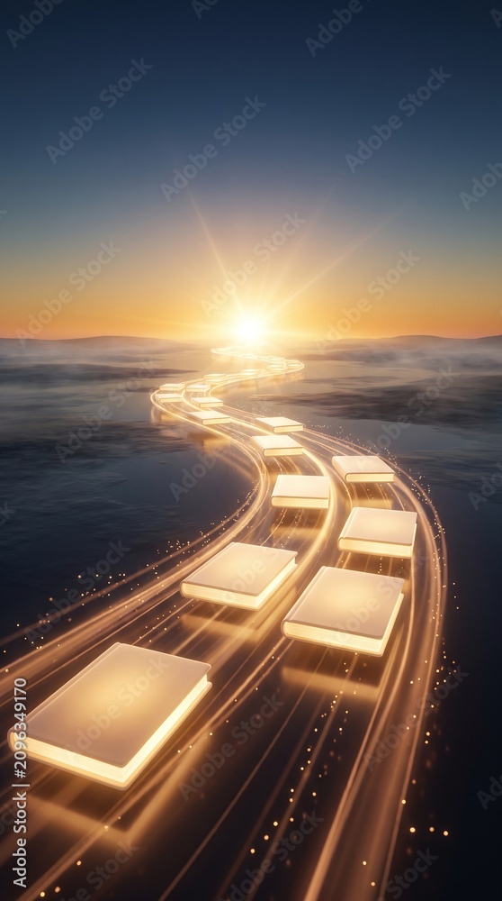 Obraz premium Illuminated books form a path leading towards a bright sunrise over a misty horizon