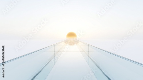 Modern walkway with glass railings leads towards a glowing sun on the horizon