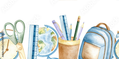 Watercolor seamless horizontal border with school supplies: backpack, globe, scissors and stationery. Hand drawn decorative edge for back to school designs, educational posters and banners.