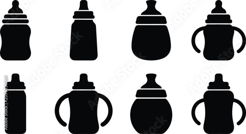Obraz na płótnie Baby Feeding Bottle Silhouette Icon Set Featuring Toddler Sippy Cups with Handle