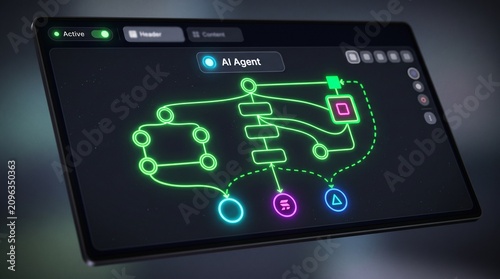 Futuristic AI agent workflow diagram with glowing network nodes on digital screen