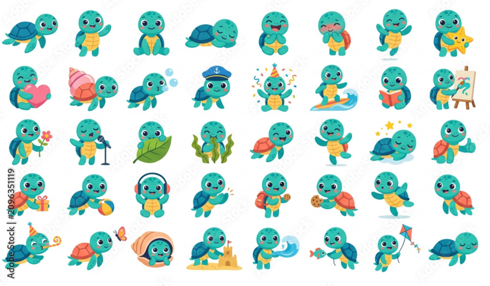 Obraz premium Cute Baby Sea Turtle Character Collection with Cartoon Ocean Mascot Poses Flat Vector Set