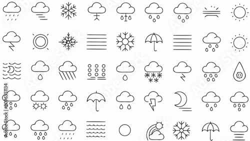 Photos Weather condition line icons set black outlines on a white background depicting