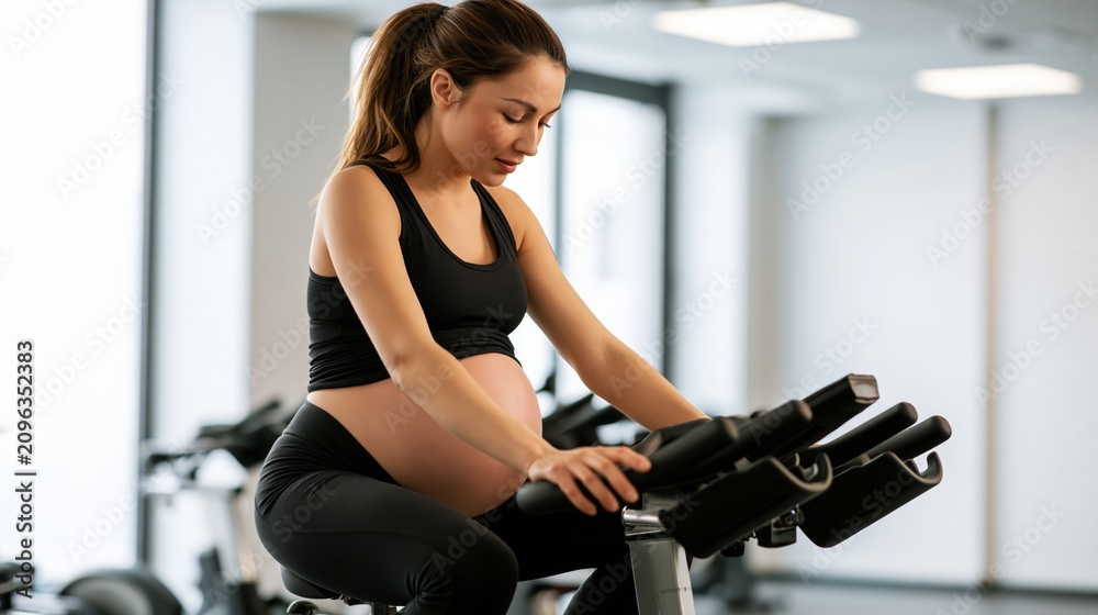 Fototapeta premium Pregnant woman pedaling a stationary bike with her large belly visible in a clean bright gym. Concept of prenatal cycling exercise.