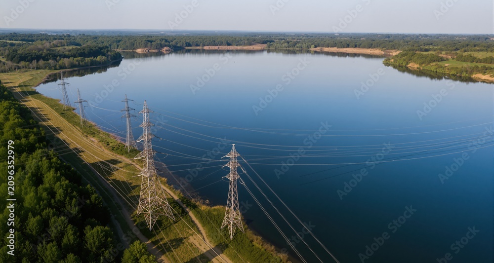 Obraz premium Aerial View: High-Voltage Power Lines Beside Serene Lake 