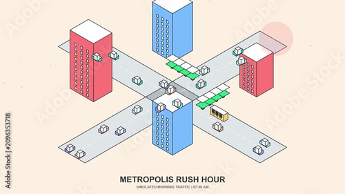 Metropolis morning rush hour traffic. Busy city street with cars moving during the early commute.