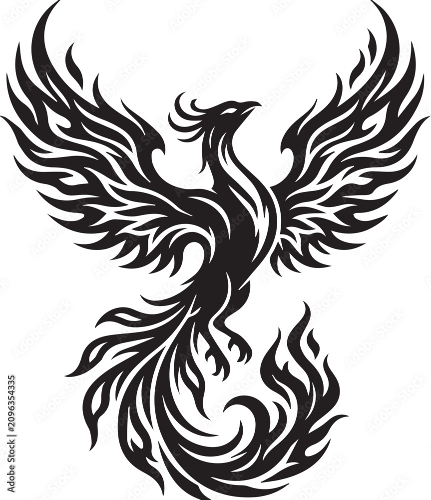 Fototapeta premium Stunning black silhouette of a majestic phoenix rising from flames on white background, symbolizing rebirth and freedom in stylized tribal tattoo art form