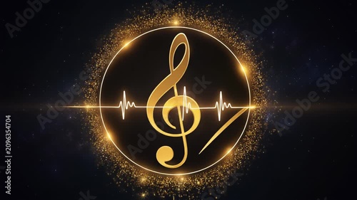 Golden treble clef rotating inside glitter circle on dark starry background