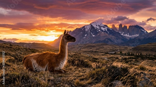Guanaco Resting in Patagonia Landscape at Sunrise.