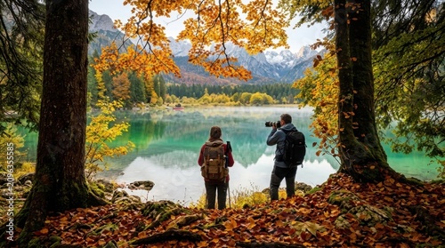 Two hikers taking photos of a beautiful mountain lake in the autumn forest