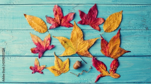 Colorful autumn leaves arranged on a rustic light blue wooden table surface