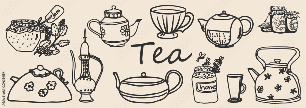 Fototapeta premium Tea vector elements set. Hand drawn line art doodle Tea set . Vector illustration.