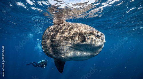 Huge ocean sunfish swimming with scuba diver in deep blue water.
