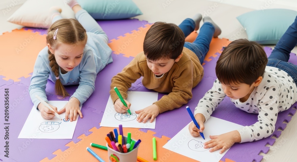 Obraz premium Three Creative Preschool Children Lying on Floor and Drawing with Colorful Markers on Paper