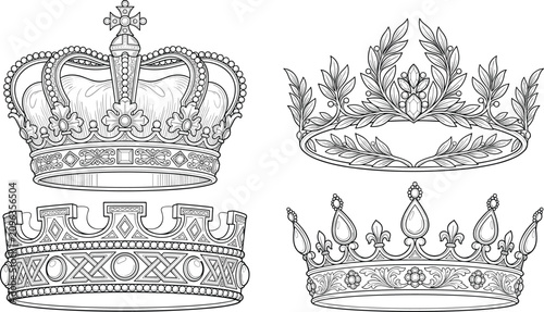 Photography Royal crown collection, ornate monarchy line art, vintage regal tiaras, vector o