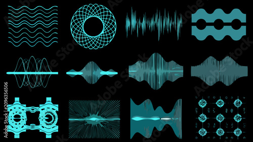 Konstfotografi Audio Waveform Variations Collection Teal Vector Illustrations On Dark Backgroun