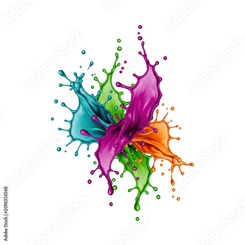 Vibrant abstract digital paint splatter design with vivid colors and fluid shapes isolated on transparent background