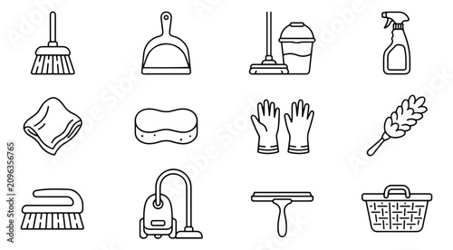 Obraz na płótnie Minimalist cleaning service icons set, 12 professional housekeeping equipment li