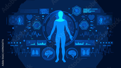 Human body silhouette with medical data visualizations a blue digital illustration anatomy anthropometry form bodily