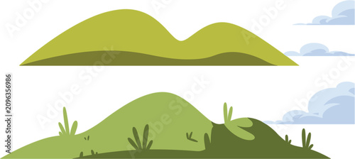Cartoon green rolling hills landscape collection, grassy terrain isolated vector illustration for nature background game design elements