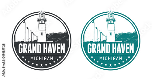 Fotografie Lighthouse Illustration With Text And Stars Circular Composition Teal And Black