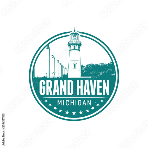 Cuadro en lienzo Grand haven michigan emblem featuring a lighthouse and coastal landscape illustr