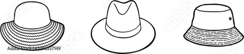 Fotografie Outline hat icon collection, bucket fedora and sun hats isolated vector illustra