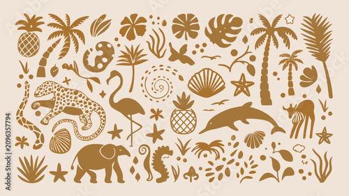 Canvas Print Tropical Safari Silhouettes A Monochromatic Collection Of Palm Leaves Animals An