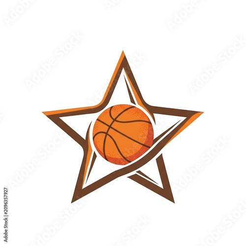 A stylized star-shaped badge featuring a basketball at its center isolated on transparent background