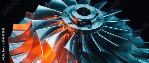 Close up of a metallic turbine impeller with contrasting orange and blue lighting against a dark background