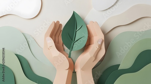 Holding Hands Around Leaf in Paper Cut Nature Scene